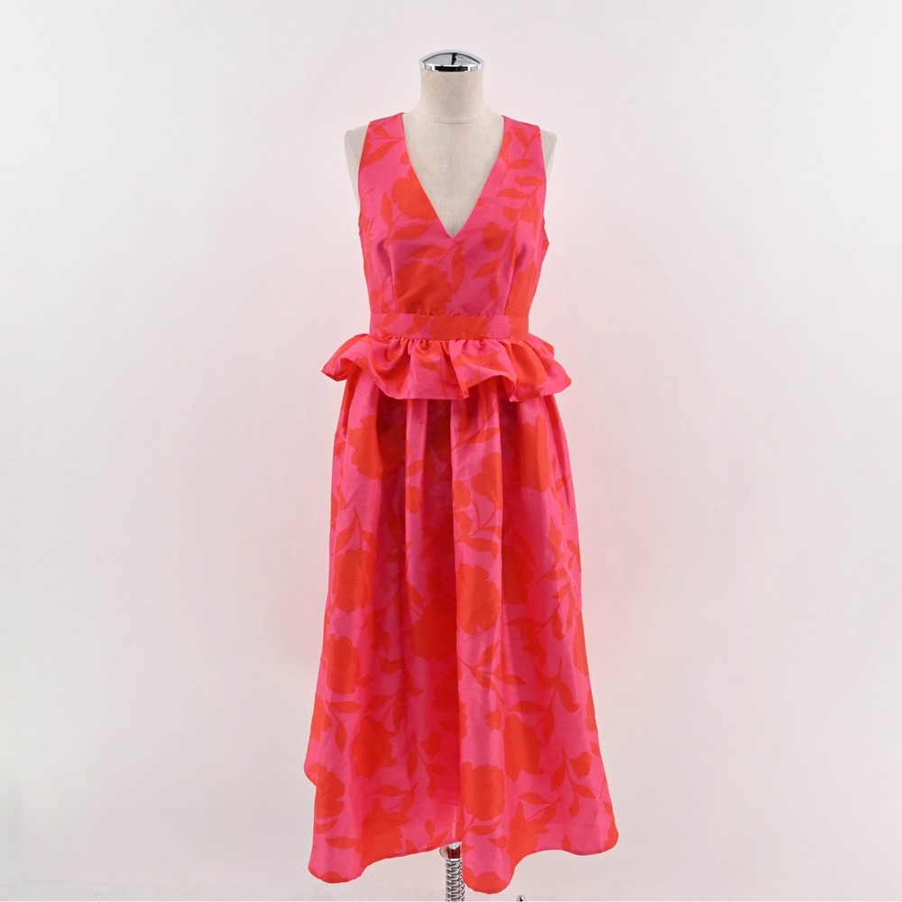 Kate Spade Target Rose Peplum Midi Dress Size 2 Pink Red Floral Sleeveless Lined